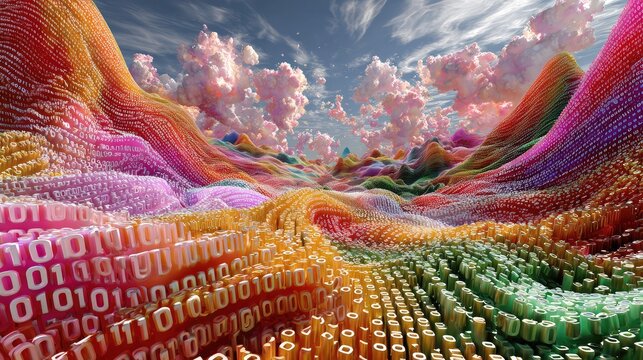 Abstract digital landscape with vibrant colors shaped by binary code, featuring rolling hills of data in a stunning cloud-filled sky with intricate textures and patterns.