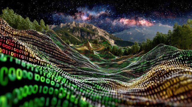 A Surreal Visualization of a Digital Landscape Merging Nature and Technology, Featuring Binary Code Waves Under a Starry Night Sky with Majestic Mountains