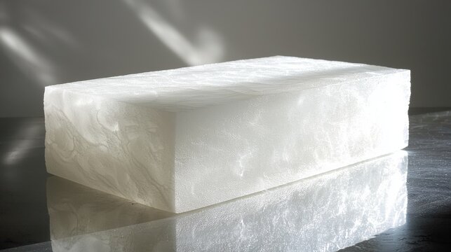 Aerogel foam block single positioned reflective surface dramatic side lighting transparency effects shadow play ultra-light material density properties
