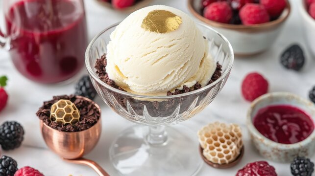 Luxurious deconstructed sundae with gold leaf vanilla ice cream in crystal coupe glass, chocolate soil in copper vessel, honeycomb and berry sauce on marble surface