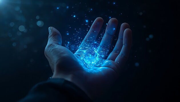 Hand in Space and Sky Abstract Concept with Light and Energy