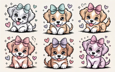 Fototapeta premium Set of six cute cartoon puppies with colorful bows and hearts