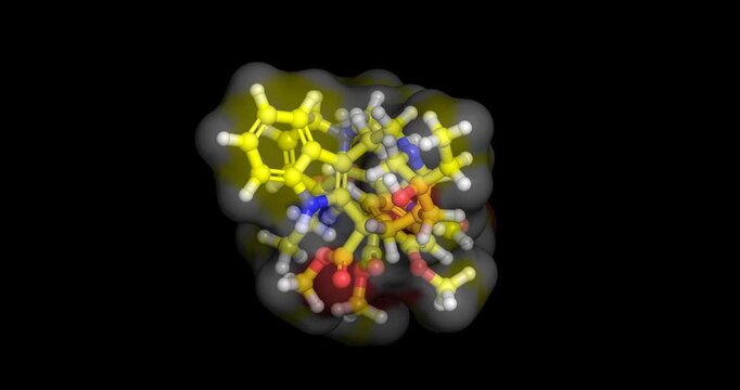 Vincristine, chemotherapy drug/mitotic inhibitor and vinca alkaloid for cancer treatment, 3D molecule spinning, 4K