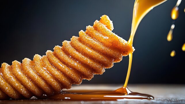 Caramel churros premium Mexican dessert golden crispy ridged pastry drizzled with flowing caramel sauce professional food photography restaurant quality