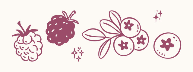 Hand-drawn raspberry and blueberry doodle elements, purple line art berry icons isolated on a light background. © Illustartathome