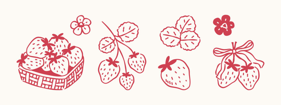 Hand-drawn strawberry elements set, red line art basket and berries icons isolated on white background.