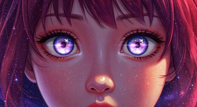 Anime Girl with Mesmerizing Eyes: A close-up portrait of an anime-style girl with striking violet eyes, framed by vibrant magenta hair and subtle celestial sparkles.