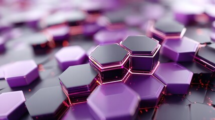 Obraz premium Abstract geometric design featuring interconnected hexagonal shapes in shades of purple, glowing edges, and reflective surfaces, creating a futuristic atmosphere.