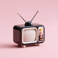 Obraz premium Retro Television Nostalgia: A charming vintage television set with playful, retro design elements stands against a soft pink background, evoking a sense of playful nostalgia for classic entertainment.