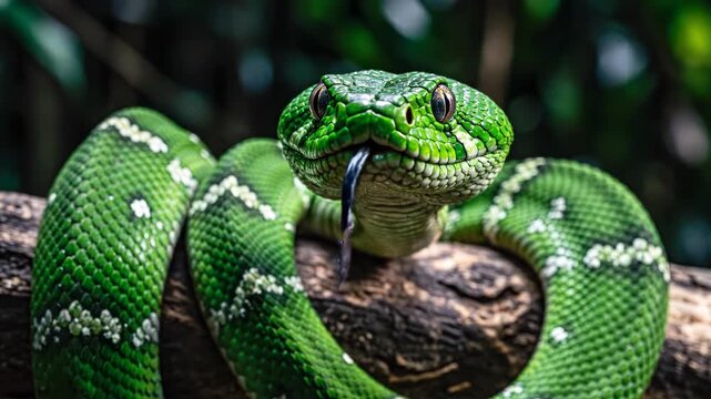 Macro view of a vibrant green emerald tree boa with detailed scales and white patterns coiled on a branch in a tropical forest habitat with selective focus on the head.