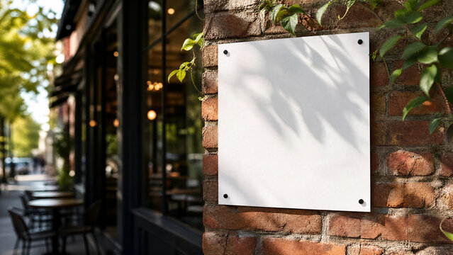 Blank white square poster mockup on cafe red brick wall