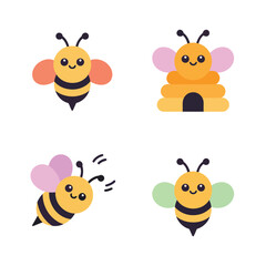 Fototapeta premium Bee And Hive Collection, Worker Bees With Beehive And Hearts, Cute Flat Style, Sticker Pack Icon Set, Flat Vector Icons