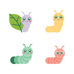 Fototapeta premium Garden Caterpillar Icons, Leaf And Cute Larvae In Pastel Colors, Trendy Flat Style, Sticker Pack Icon Set, Flat Vector Icons