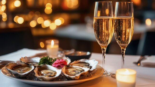 A cozy, romantic restaurant corner. A small, intimate table set for two. The focus is on a shared platter of six oysters on ice between two champagne coupes