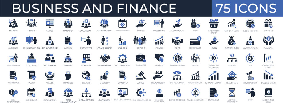 Professional solid business and finance icon set. essential vector symbols for corporate finance, banking, debt, meeting, objective, presentation, accounting, and commercial investment.