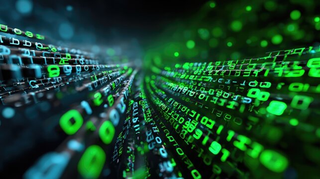 Abstract representation of data streaming in green tones, illustrating technology, coding, and digital transformation with flowing binary numbers on a dark background