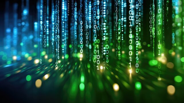 Abstract representation of digital data flow with binary code in vibrant green and blue colors against a dark background, symbolizing technology and innovation