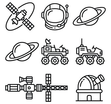 Space exploration and astronomy icons with black hole space shuttle outer solar system milky way deep