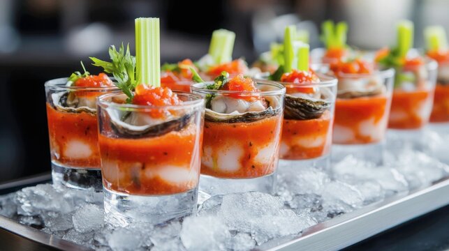 A oyster shooter presentation. A lineup of several shot glasses, each containing a single shucked oyster, a dash of vodka, and a splash of spicy bloody mary mix