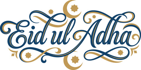 Elegant Eid ul Adha calligraphy design featuring gold crescent moons and stars ideal for Islamic holiday greetings and festive banners © junaid