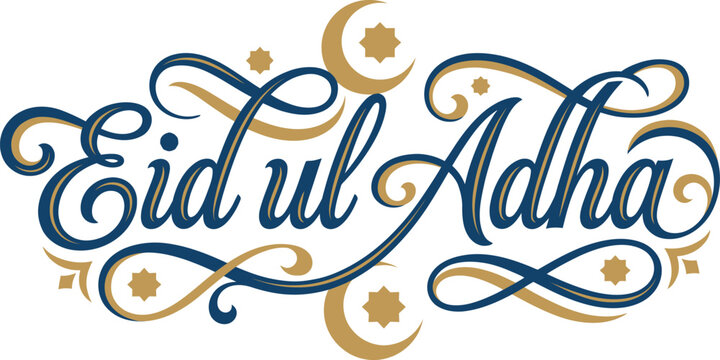 Elegant Eid ul Adha calligraphy design featuring gold crescent moons and stars ideal for Islamic holiday greetings and festive banners