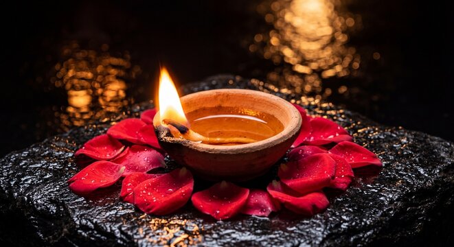 Lit clay diya with red rose petals on dark wet stone for Diwali festival decoration and Indian spiritual celebration