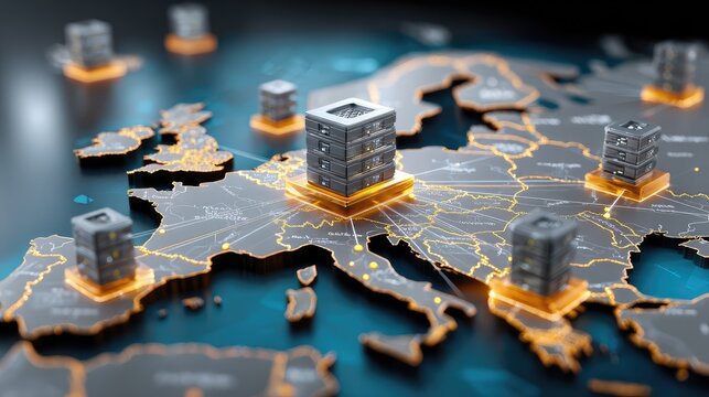 Detailed Visualization of Data Centers across Europe with Servers Representing Connectivity and Technology Infrastructure on a Digital Map