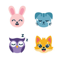 Fototapeta premium Pet Faces Set, Bunny Puppy Owl And Cat With Expressions, Cute Flat Style, Sticker Pack Icon Set, Flat Vector Icons
