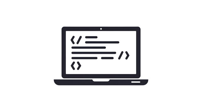 Laptop icon displaying coding brackets and lines of code on its screen, symbolizing programming and software development.