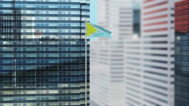 Tuva Flag 3D Render Animation on Pole with Modern City Buildings - Shallow Depth of Field, Daytime View