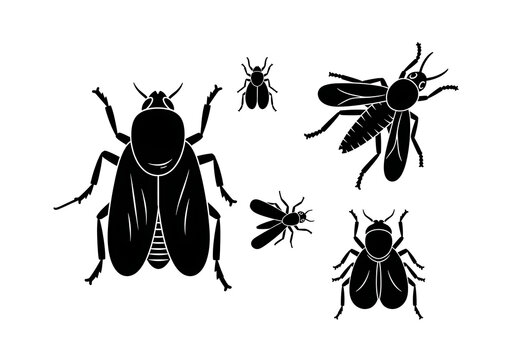 Black Flies Silhouette Isolated on White Background