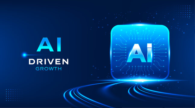 AI driven growth technology vector banner with futuristic microchip interface and glowing digital road on dark blue background. Modern artificial intelligence presentation template for business