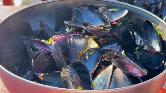 A serving of cooked blue mussel seafood steams hot inside a copper pot creating an appetizing culinary scene of fresh Mediterranean shellfish dish ready for dining.
