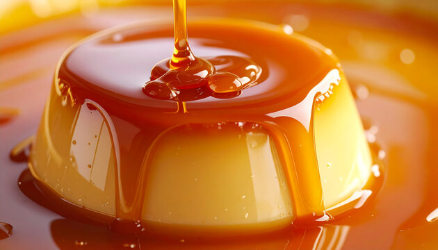 Golden caramel syrup pouring dessert