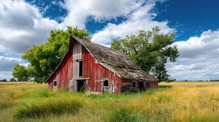 Obraz premium Rustic Red Barn in an Open Field Surrounded by Lush Greenery and Blue Sky, Evoking the Charm of Rural Life and Nature's Beauty