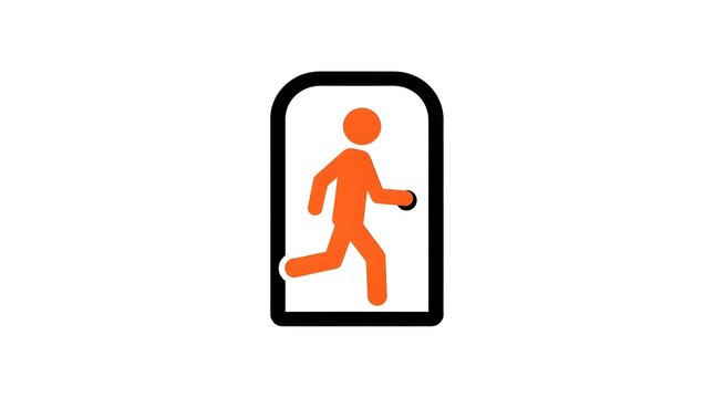 Simple orange icon of a human figure in motion, stepping out of a rounded black door frame, presenting a clear and universal symbol of exit.