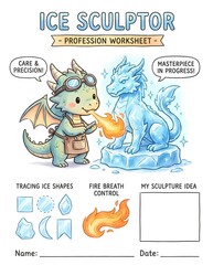 Fototapeta premium winter professions worksheets with playful educational activities Whimsical Dragon Ice Sculptor Profession Worksheet for Kids - Interactive Creativity and Fire Breath Control Exercise