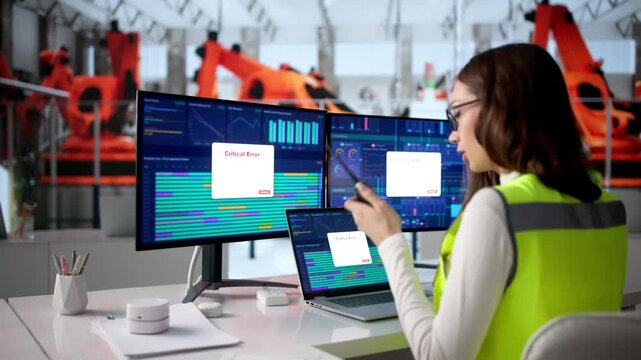 Engineer Monitors Red Blinking Light Signaling Production Line Stop