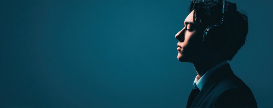 Profile View of Young Man Wearing Headphones in Suit Listening to Music Calmly Professional Voice Actor Preparing for Podcast Modern Audio Lifestyle Portrait