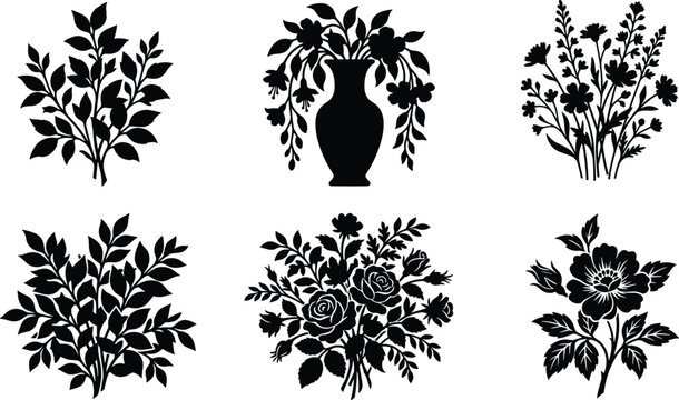 Black Floral Silhouette Collection with Flower Bouquets Leaf Branches and Decorative Botanical Vector Elements