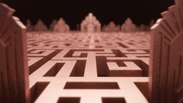 Ancient Labyrinth Maze Entrance with Ornate Decorative Gate and Distant Temple Architecture