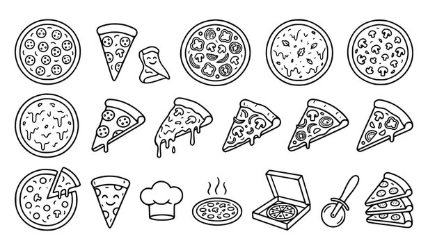Pizza Fast Food Doodle Elements Collection Black and White Vector Set