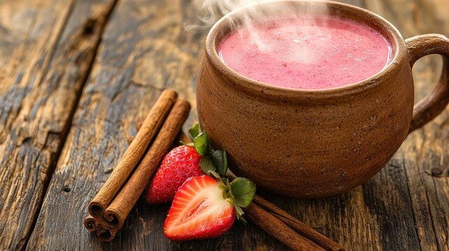 Premium strawberry atole traditional Mexican hot drink served in artisan clay mug with fresh strawberries and cinnamon sticks on rustic wooden table