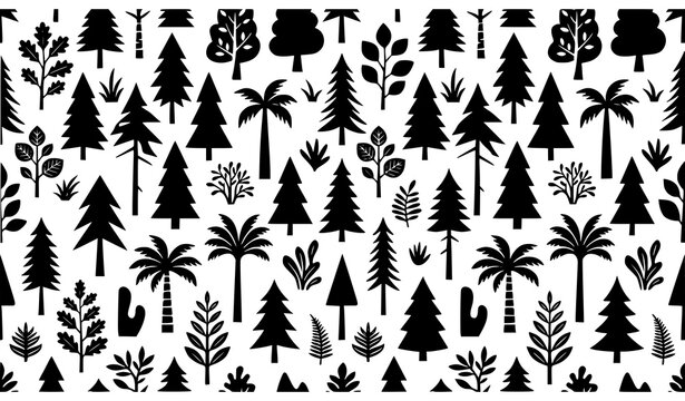Seamless Tropical and Pine Tree Pattern Decorative Nature Vector Background