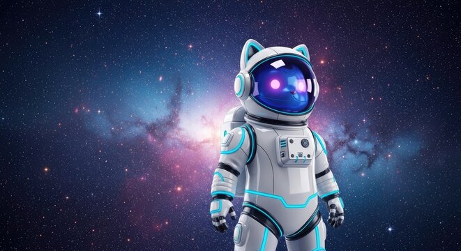 Cute robot astronaut standing in deep space nebula background.