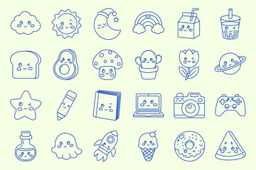 Fototapeta premium Kawaii Cartoon Line Icons Collection with Cute Food, Animals and Everyday Objects Editable Stroke