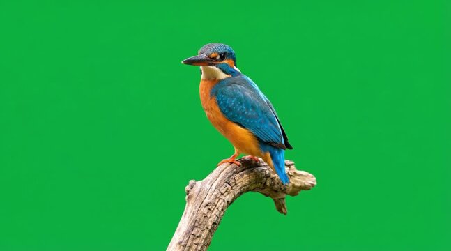 Video of a kingfisher bird are sitting in a branch on the green screen background