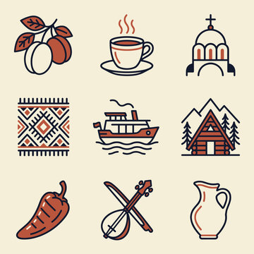 Set of cultural Balkan and Serbian symbols flat line art vector illustration