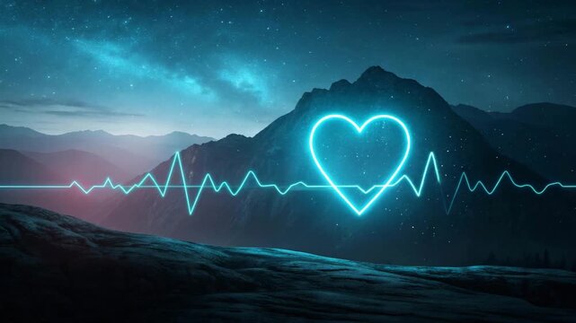 Neon Heartbeat pulse over dramatic mountain landscape with cloudy sky during twilight