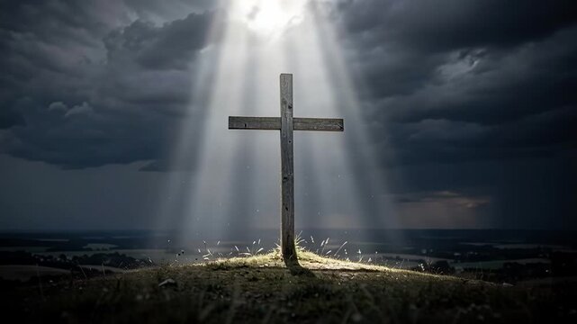 Solemn Cross Stands Tall Under Divine Light Beams.